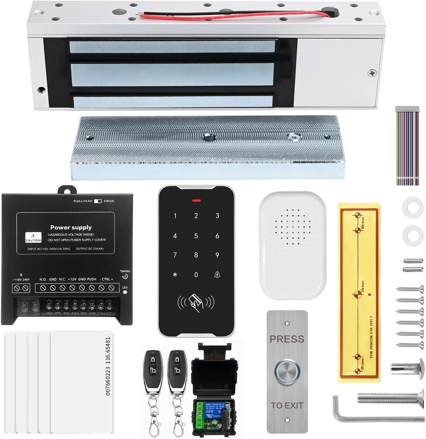 کیت سیستم کنترل دسترسی درب NCLTHS با قفل مغناطیسی برقی 500 کیلوگرمی، صفحه کلید RFID، دو ریموت، منبع تغذیه DC12V/5A، دکمه خروج فشاری استیل ضد زنگ، 5 عدد کارت RFID EM ID کیت سیستم کنترل دسترسی درب NCLTHS با قفل مغناطیسی برقی 500 کیلوگرمی، صفحه کلید RFID، دو ریموت، منبع تغذیه DC12V/5A، دکمه خروج فشاری استیل ضد زنگ، 5 عدد کارت RFID EM ID