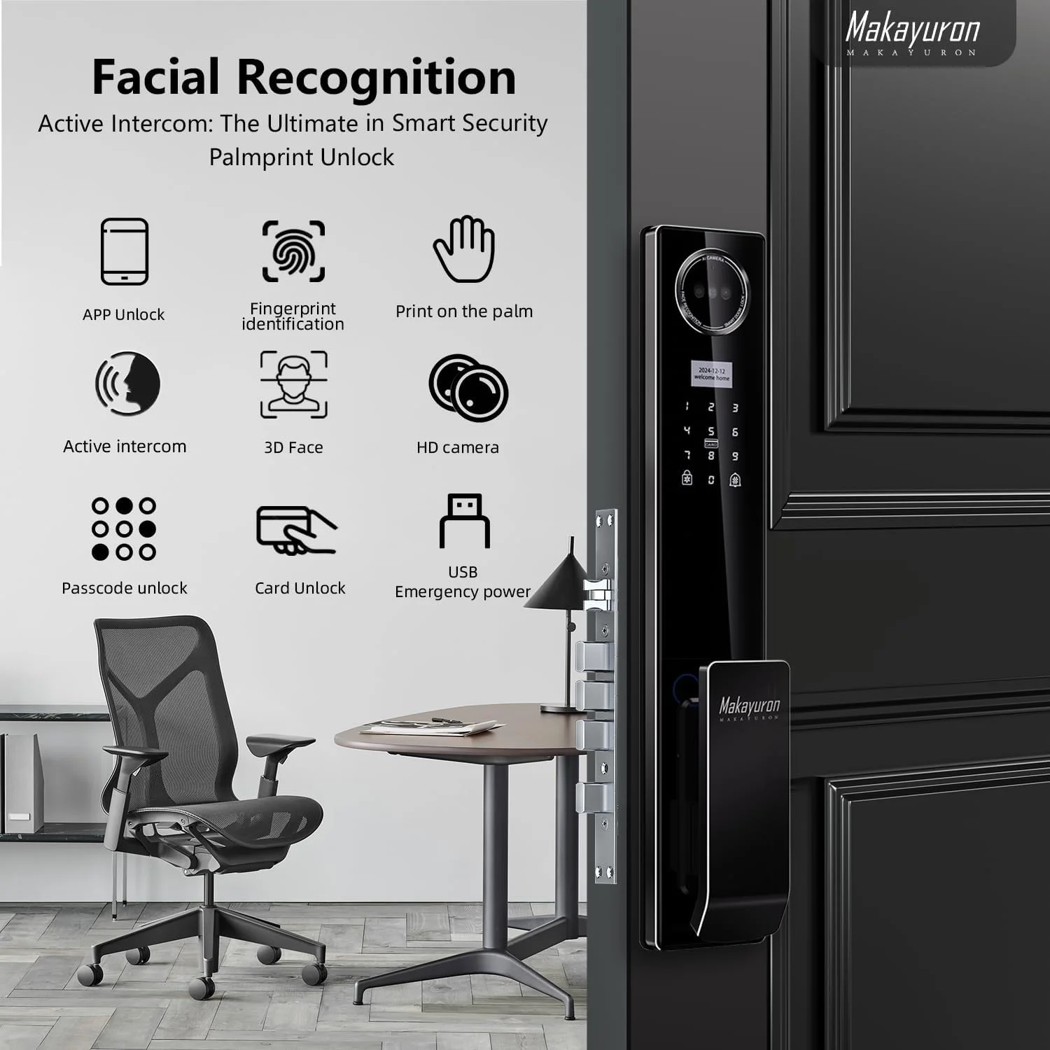 قفل درب هوشمند وای فای تمام آلومینیومی CNC Makayuron با باتری 5000 میلی آمپر ساعت، پشتیبانی از روش های باز کردن قفل متعدد مانند تشخیص چهره، اثر انگشت، کف دست، رمز عبور، برنامه Tuya، به همراه مورتز 6068 (D1proU، مشکی) قفل درب هوشمند وای فای تمام آلومینیومی CNC Makayuron با باتری 5000 میلی آمپر ساعت، پشتیبانی از روش های باز کردن قفل متعدد مانند تشخیص چهره، اثر انگشت، کف دست، رمز عبور، برنامه Tuya، به همراه مورتز 6068 (D1proU، مشکی)