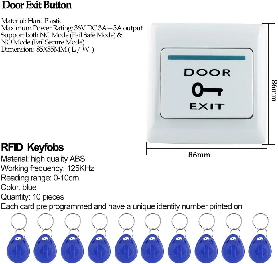 کیت سیستم کنترل دسترسی درب فضای باز HFeng شامل صفحه کلید RFID ضد آب IP68، کارت خوان، منبع تغذیه، دکمه خروج درب + 10 عدد جاسوئیچی (بدون قفل) کیت سیستم کنترل دسترسی درب فضای باز HFeng شامل صفحه کلید RFID ضد آب IP68، کارت خوان، منبع تغذیه، دکمه خروج درب + 10 عدد جاسوئیچی (بدون قفل)