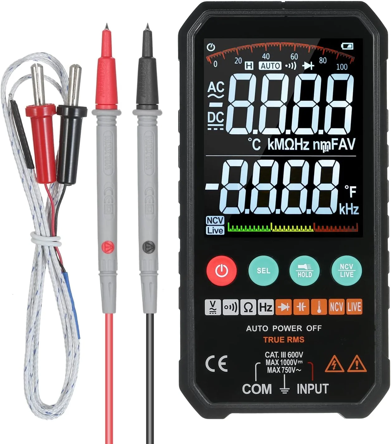 مولتی متر دیجیتال فوق العاده باریک Eacam با صفحه نمایش LCD 3.3 اینچی، 6000 رقم، True RMS، اندازه گیری هوشمند ولتاژ AC/DC، مقاومت، ظرفیت خازنی، فرکانس، پیوستگی، تست دیود و NCV