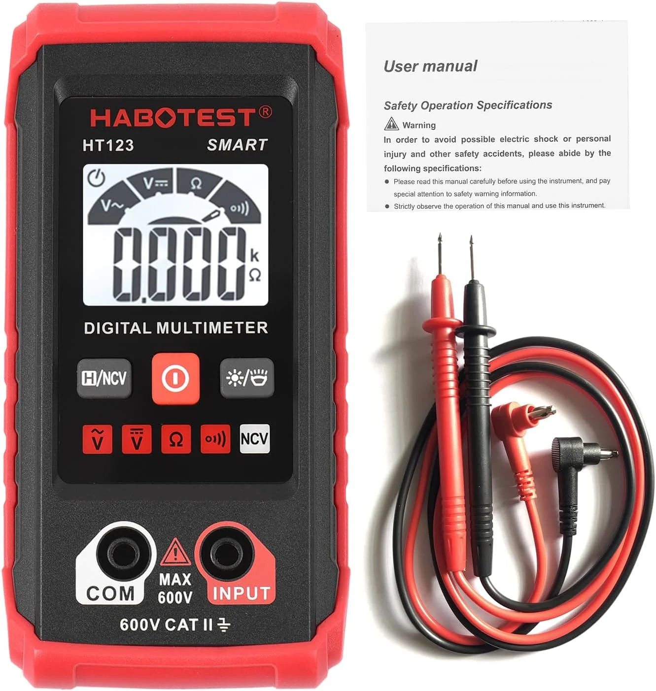 Eacam HT123 Digital Multimeter Auto Range Multi-meter 2,000 Counts True RMS Measuring AC/DC Voltage Resistance NCV Test with LCD Backlight Flashlight Data Hold