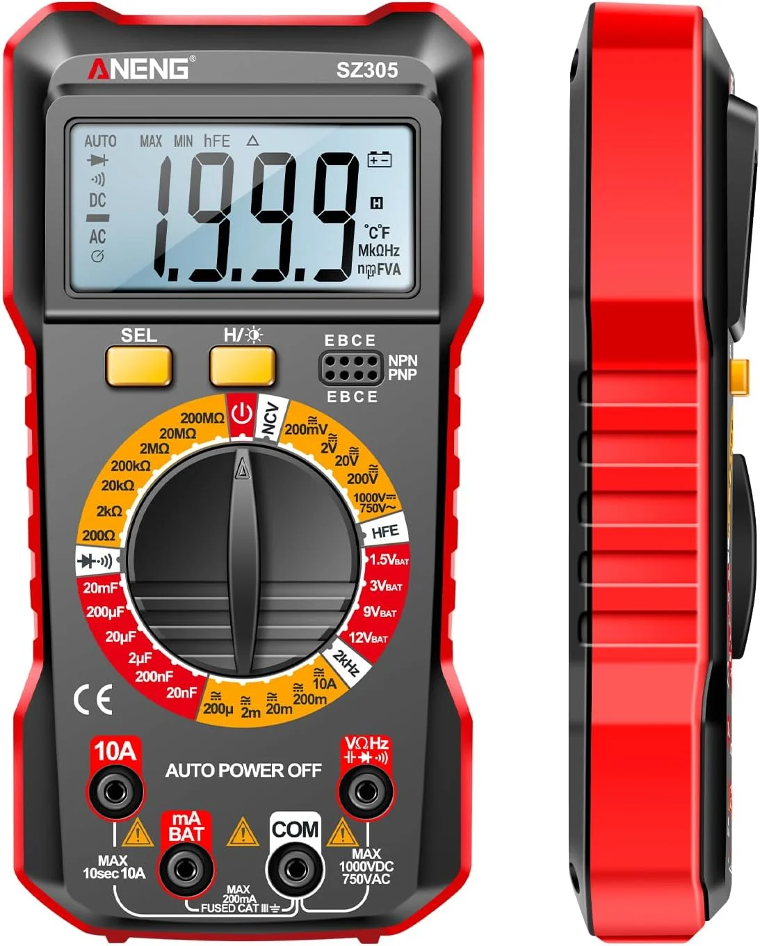 Eacam SZ305 Multimeter Capacitor Testers Professional 1999 Counts Smart Voltmeter Ohm Meter Fast Accurately Measures Voltage Current Resistance Capacitor Frequency Diode hFE