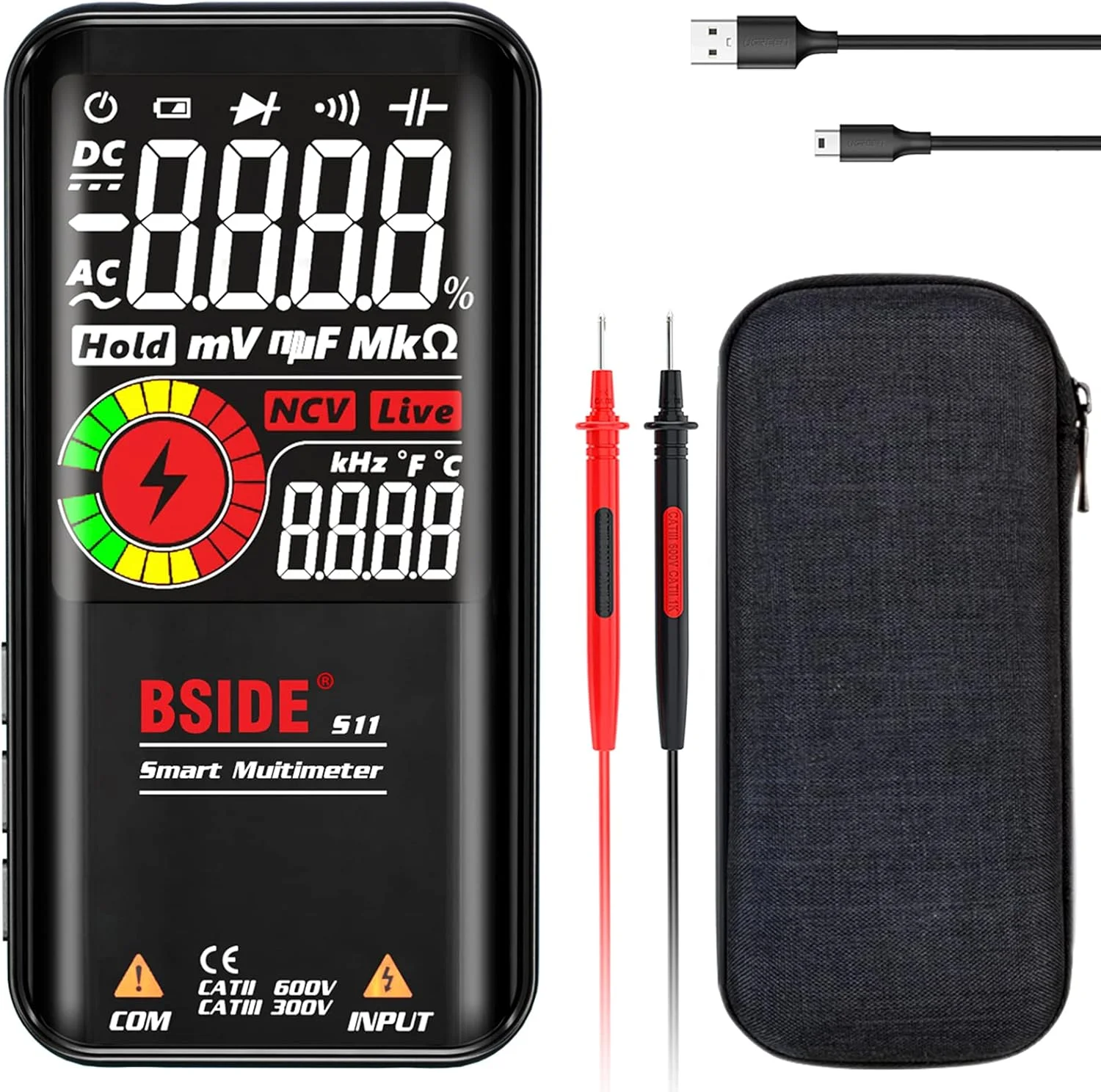 Eacam S11 Intelligent 9999 Counts Multimeter Digital LCD Display Rechargeable Universal Meter AC/DC Voltmeter Ohmmeter Test Resistance Capacitance Frequency Diode Continuity NCV Live Line
