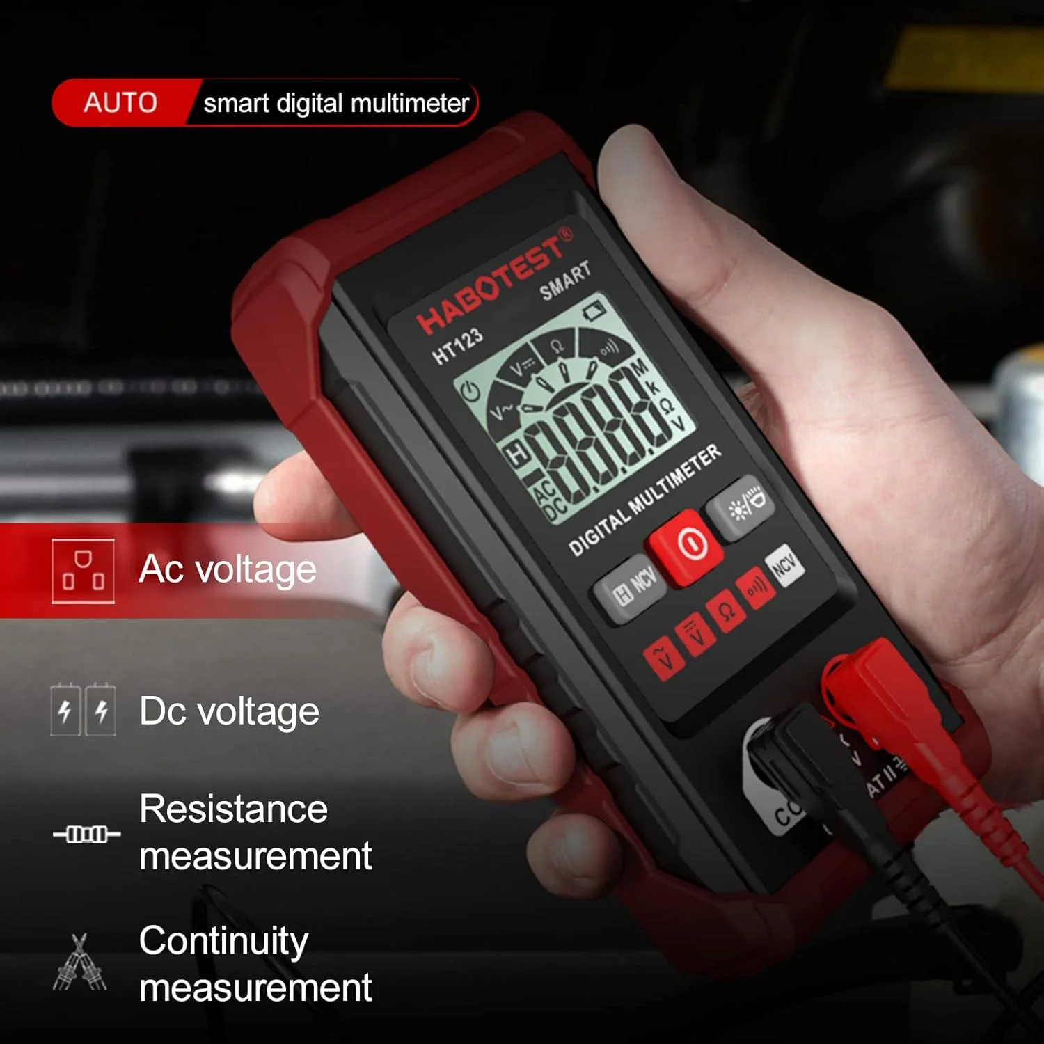 Eacam HT123 Digital Multimeter Auto Range Multi-meter 2,000 Counts True RMS Measuring AC/DC Voltage Resistance NCV Test with LCD Backlight Flashlight Data Hold