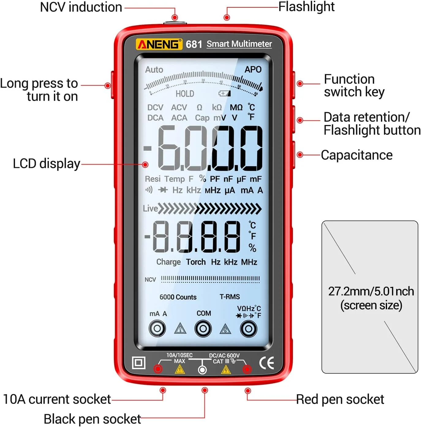 Eacam 6000 Counts Digital Multimeter Smart Anti-burn Rechargeable Universal Meter NCV Tester 5-inch Large LCD with Backlit Flashlight for Voltage Current Resistance Capacitance Temperature Measurement Eacam 6000 Counts Digital Multimeter Smart Anti-burn Rechargeable Universal Meter NCV Tester 5-inch Large LCD with Backlit Flashlight for Voltage Current Resistance Capacitance Temperature Measurement
