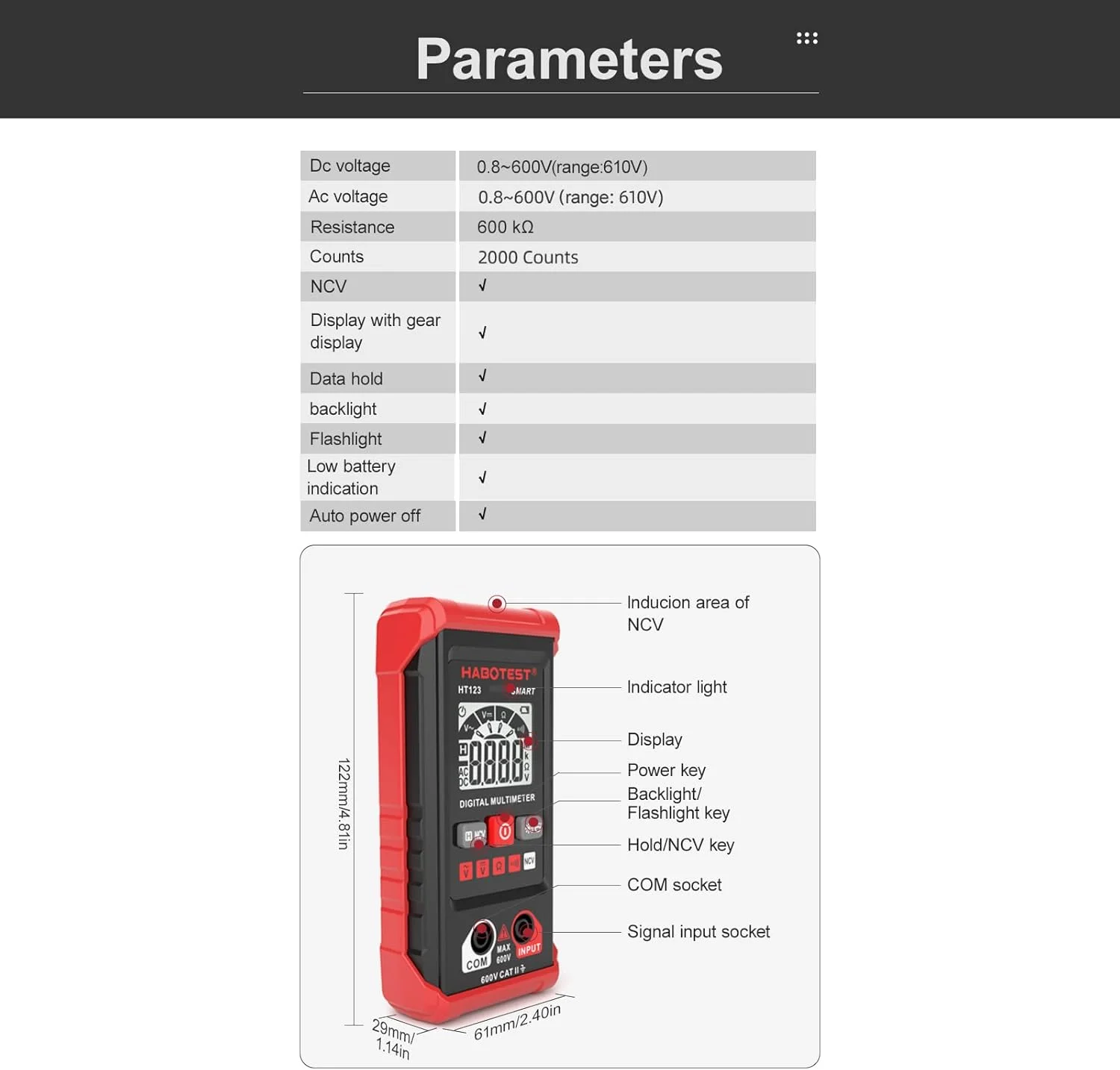 Eacam HT123 Digital Multimeter Auto Range Multi-meter 2,000 Counts True RMS Measuring AC/DC Voltage Resistance NCV Test with LCD Backlight Flashlight Data Hold