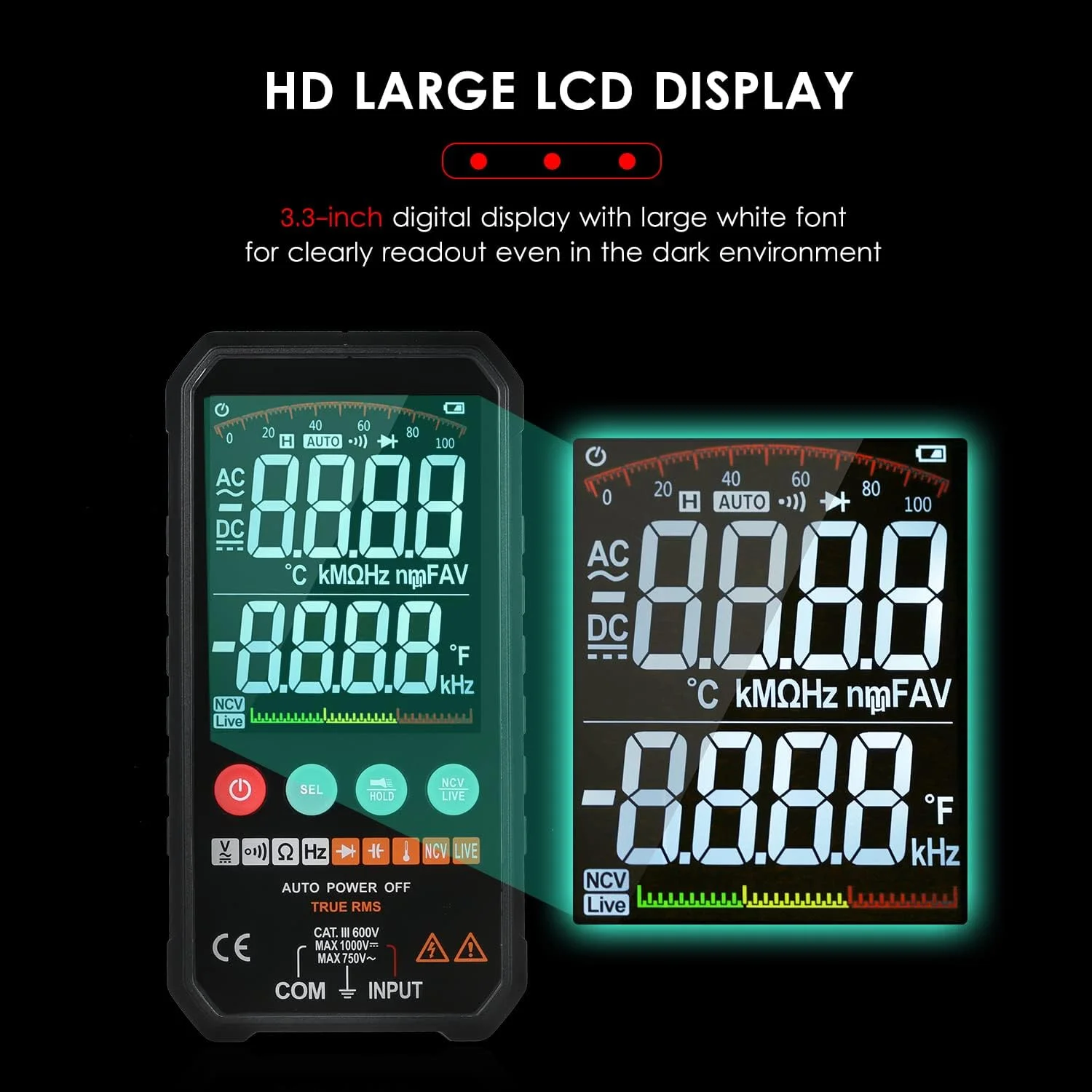 مولتی متر دیجیتال فوق العاده باریک Eacam با صفحه نمایش LCD 3.3 اینچی، 6000 رقم، True RMS، اندازه گیری هوشمند ولتاژ AC/DC، مقاومت، ظرفیت خازنی، فرکانس، پیوستگی، تست دیود و NCV مولتی متر دیجیتال فوق العاده باریک Eacam با صفحه نمایش LCD 3.3 اینچی، 6000 رقم، True RMS، اندازه گیری هوشمند ولتاژ AC/DC، مقاومت، ظرفیت خازنی، فرکانس، پیوستگی، تست دیود و NCV