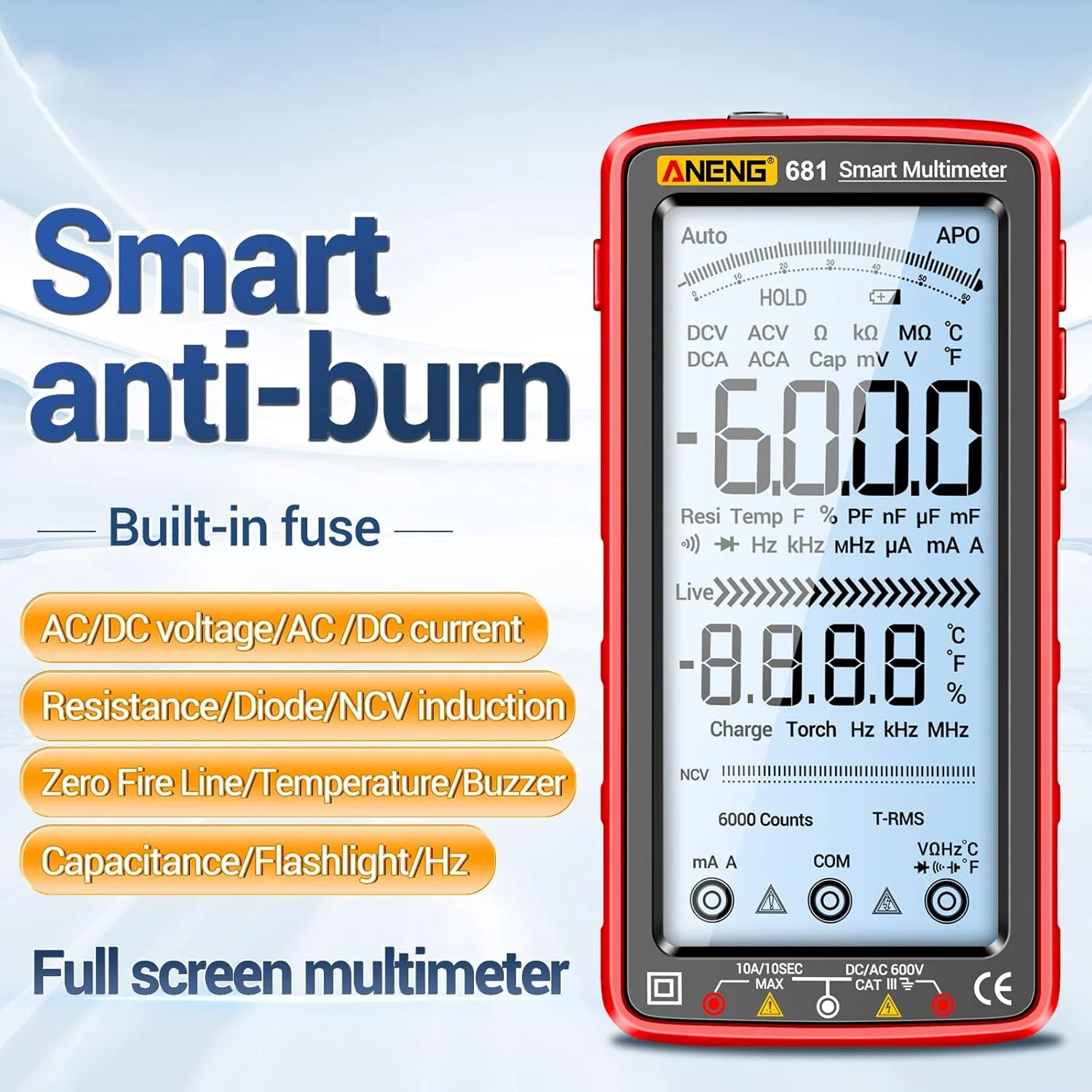 Eacam 6000 Counts Digital Multimeter Smart Anti-burn Rechargeable Universal Meter NCV Tester 5-inch Large LCD with Backlit Flashlight for Voltage Current Resistance Capacitance Temperature Measurement Eacam 6000 Counts Digital Multimeter Smart Anti-burn Rechargeable Universal Meter NCV Tester 5-inch Large LCD with Backlit Flashlight for Voltage Current Resistance Capacitance Temperature Measurement
