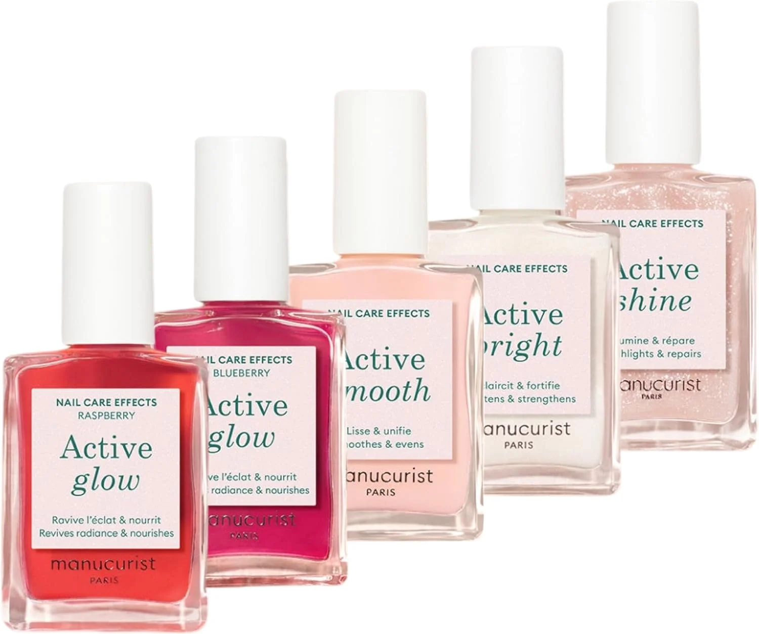 مجموعه 5 عددی محصولات مراقبت از ناخن Manucurist Rainbow Active، 5 لاک ناخن بدون نیاز به لامپ: Glow Raspberry، Glow Blueberry، Shine، Smooth، Bright، هدایای زیبایی