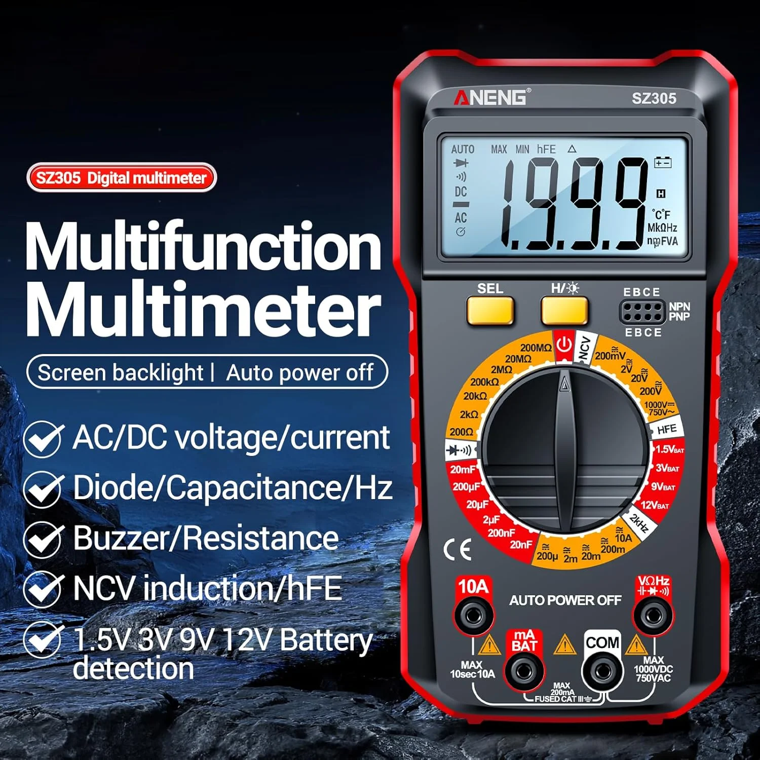 Eacam SZ305 Multimeter Capacitor Testers Professional 1999 Counts Smart Voltmeter Ohm Meter Fast Accurately Measures Voltage Current Resistance Capacitor Frequency Diode hFE Eacam SZ305 Multimeter Capacitor Testers Professional 1999 Counts Smart Voltmeter Ohm Meter Fast Accurately Measures Voltage Current Resistance Capacitor Frequency Diode hFE