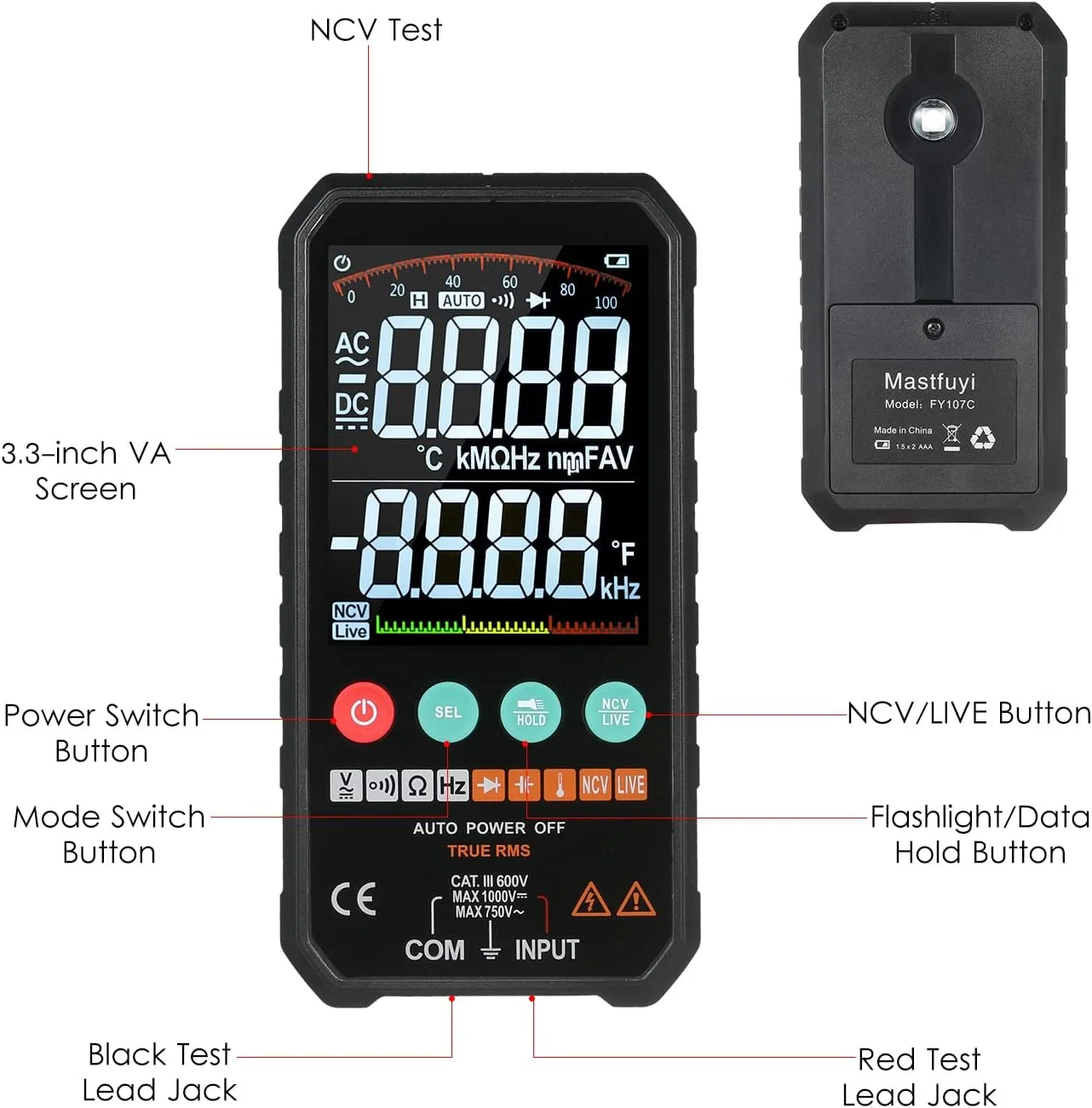 مولتی متر دیجیتال فوق العاده باریک Eacam با صفحه نمایش LCD 3.3 اینچی، 6000 رقم، True RMS، اندازه گیری هوشمند ولتاژ AC/DC، مقاومت، ظرفیت خازنی، فرکانس، پیوستگی، تست دیود و NCV مولتی متر دیجیتال فوق العاده باریک Eacam با صفحه نمایش LCD 3.3 اینچی، 6000 رقم، True RMS، اندازه گیری هوشمند ولتاژ AC/DC، مقاومت، ظرفیت خازنی، فرکانس، پیوستگی، تست دیود و NCV