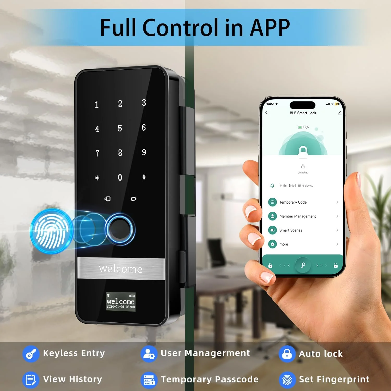 قفل درب شیشه ای هوشمند، قفل درب ورودی بدون کلید جدید 2025، قفل درب شیشه ای اثر انگشتی بیومتریک، قفل درب صفحه کلید الکترونیکی با کنترل برنامه، قفل هوشمند درب کشویی برای دفتر، خانه، فروشگاه قفل درب شیشه ای هوشمند، قفل درب ورودی بدون کلید جدید 2025، قفل درب شیشه ای اثر انگشتی بیومتریک، قفل درب صفحه کلید الکترونیکی با کنترل برنامه، قفل هوشمند درب کشویی برای دفتر، خانه، فروشگاه