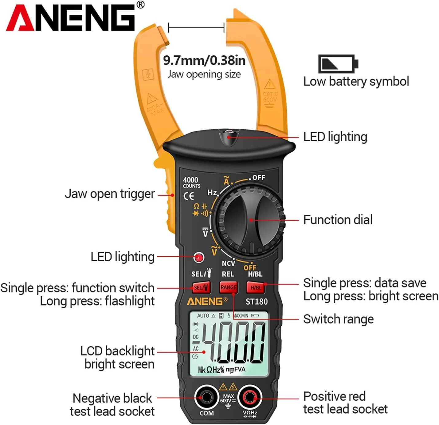 آمپرمتر کلمپی دیجیتال Eacam ST180 با قابلیت شمارش 4000، مولتی متر کلمپی، ولت متر، آمپرمتر AC DC، تستر ولتاژ، تستر NCV، تستر جهانی، تستر جریان کلمپی، دماسنج -30 تا 1000 درجه سانتیگراد آمپرمتر کلمپی دیجیتال Eacam ST180 با قابلیت شمارش 4000، مولتی متر کلمپی، ولت متر، آمپرمتر AC DC، تستر ولتاژ، تستر NCV، تستر جهانی، تستر جریان کلمپی، دماسنج -30 تا 1000 درجه سانتیگراد