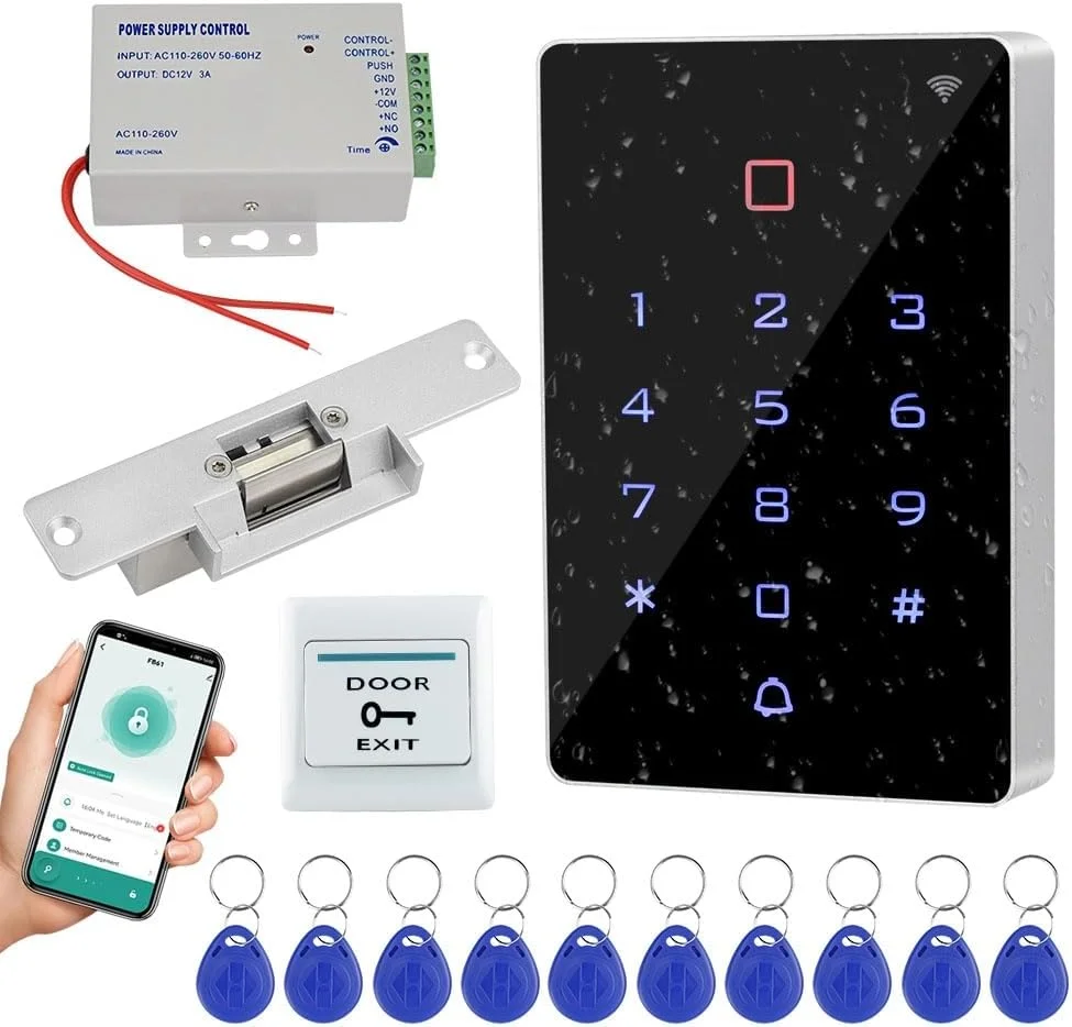 کیت سیستم کنترل دسترسی Gaocinys WiFi Tuya شامل صفحه کلید کنترل دسترسی RFID ضد آب، قفل الکتریکی Fail-Safe، منبع تغذیه 12VDC، دکمه سوئیچ درب، جاکلیدی RFID 125 KHz کیت سیستم کنترل دسترسی Gaocinys WiFi Tuya شامل صفحه کلید کنترل دسترسی RFID ضد آب، قفل الکتریکی Fail-Safe، منبع تغذیه 12VDC، دکمه سوئیچ درب، جاکلیدی RFID 125 KHz