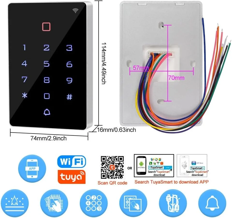 کیت سیستم کنترل دسترسی Gaocinys WiFi Tuya شامل صفحه کلید کنترل دسترسی RFID ضد آب، قفل الکتریکی Fail-Safe، منبع تغذیه 12VDC، دکمه سوئیچ درب، جاکلیدی RFID 125 KHz