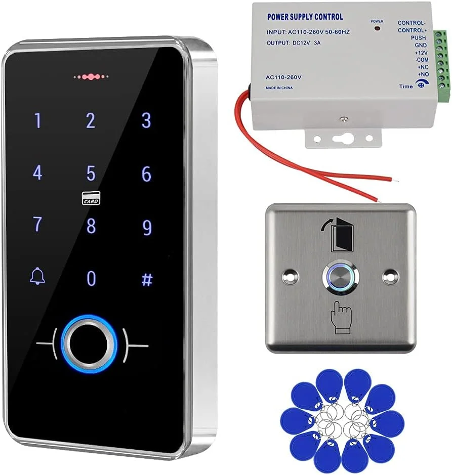 کیت سیستم کنترل دسترسی درب RFID مدل GXY Gaocinys شامل صفحه کلید اثر انگشتی ضد آب IP68 + منبع تغذیه 12 ولت 3 آمپر + دکمه سوئیچ فلزی درب + 10 عدد جاسوئیچی IC برای خانه/دفتر/آپارتمان کیت سیستم کنترل دسترسی درب RFID مدل GXY Gaocinys شامل صفحه کلید اثر انگشتی ضد آب IP68 + منبع تغذیه 12 ولت 3 آمپر + دکمه سوئیچ فلزی درب + 10 عدد جاسوئیچی IC برای خانه/دفتر/آپارتمان