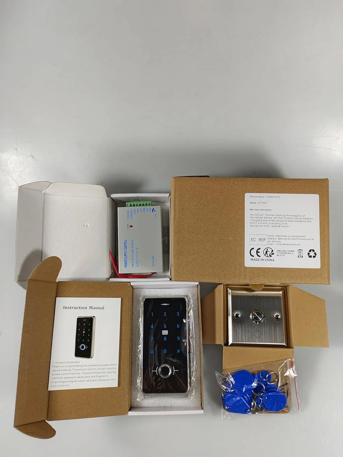 کیت سیستم کنترل دسترسی درب RFID مدل GXY Gaocinys شامل صفحه کلید اثر انگشتی ضد آب IP68 + منبع تغذیه 12 ولت 3 آمپر + دکمه سوئیچ فلزی درب + 10 عدد جاسوئیچی IC برای خانه/دفتر/آپارتمان