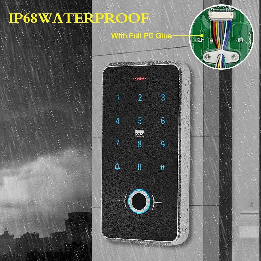 کیت سیستم کنترل دسترسی درب RFID مدل GXY Gaocinys شامل صفحه کلید اثر انگشتی ضد آب IP68 + منبع تغذیه 12 ولت 3 آمپر + دکمه سوئیچ فلزی درب + 10 عدد جاسوئیچی IC برای خانه/دفتر/آپارتمان