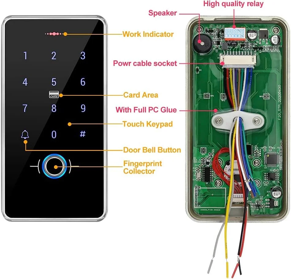 کیت سیستم کنترل دسترسی درب RFID مدل GXY Gaocinys شامل صفحه کلید اثر انگشتی ضد آب IP68 + منبع تغذیه 12 ولت 3 آمپر + دکمه سوئیچ فلزی درب + 10 عدد جاسوئیچی IC برای خانه/دفتر/آپارتمان