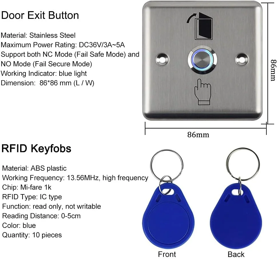 کیت سیستم کنترل دسترسی درب RFID مدل GXY Gaocinys شامل صفحه کلید اثر انگشتی ضد آب IP68 + منبع تغذیه 12 ولت 3 آمپر + دکمه سوئیچ فلزی درب + 10 عدد جاسوئیچی IC برای خانه/دفتر/آپارتمان