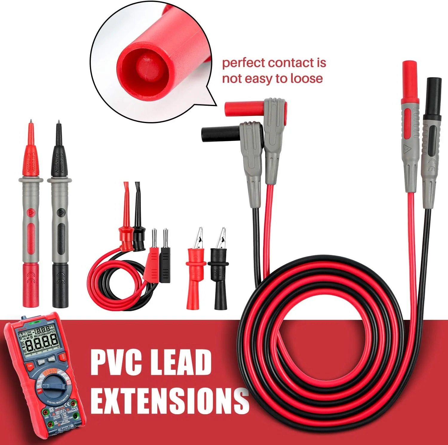 کیت سیم تست مولتی متر AstroAI با گیره های سوسماری، قلاب های مینی تست پیستونی و پراب های تست 1000 ولت 10 آمپر CAT III و CAT IV 600 ولت برای مولتی متر، ولت متر و آمپرمتر کلمپی