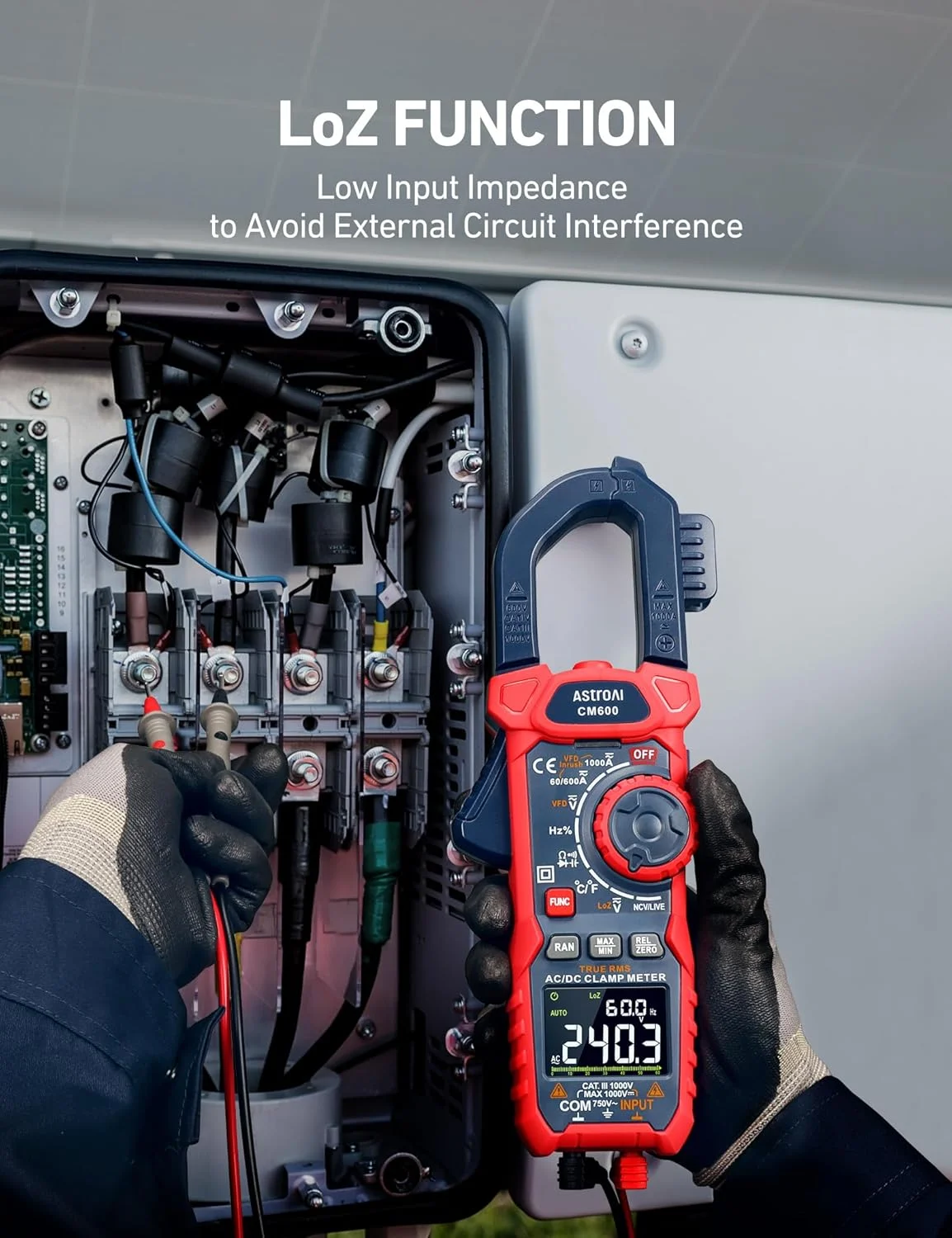 مولتی متر کلمپی دیجیتال جریان هجومی AstroAI مدل CM600، 1000 آمپر TRMS، 6000 شمارش، تستر ولتاژ آمپر با VFD، حالت LOZ; اندازه گیری جریان AC/DC، ولتاژ، دما، مقاومت، ظرفیت خازنی، فرکانس، پیوستگی، NCV مولتی متر کلمپی دیجیتال جریان هجومی AstroAI مدل CM600، 1000 آمپر TRMS، 6000 شمارش، تستر ولتاژ آمپر با VFD، حالت LOZ; اندازه گیری جریان AC/DC، ولتاژ، دما، مقاومت، ظرفیت خازنی، فرکانس، پیوستگی، NCV