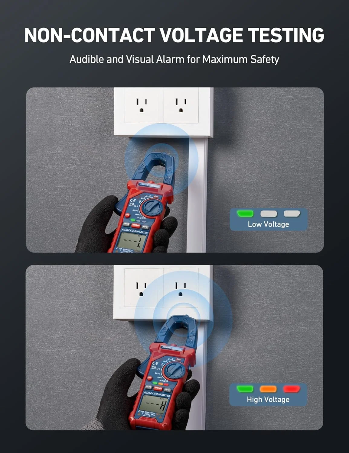 آمپرمتر کلمپی دیجیتال AstroAI مدل CM4K0R با قابلیت اندازه گیری 4000 رقم، تست آمپر با محدوده خودکار، اندازه گیری ولتاژ و جریان AC/DC، مقاومت، ظرفیت خازنی، فرکانس، تست پیوستگی، تست سیم برق دار، تشخیص NCV