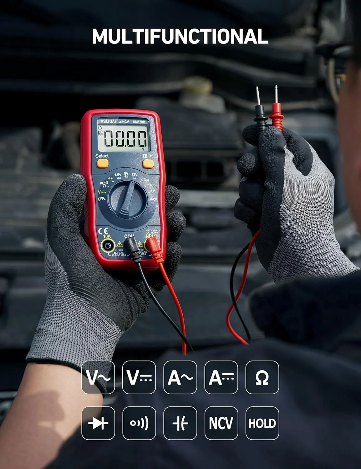 مولتی متر دیجیتال AstroAI، ولت متر تستر ولتاژ باتری 1.5v/9v/12v با قابلیت محدوده خودکار/اهم متر/DMM با عملکرد ولتاژ غیر تماسی، اندازه گیری دقیق ولتاژ جریان آمپر مقاومت خازن