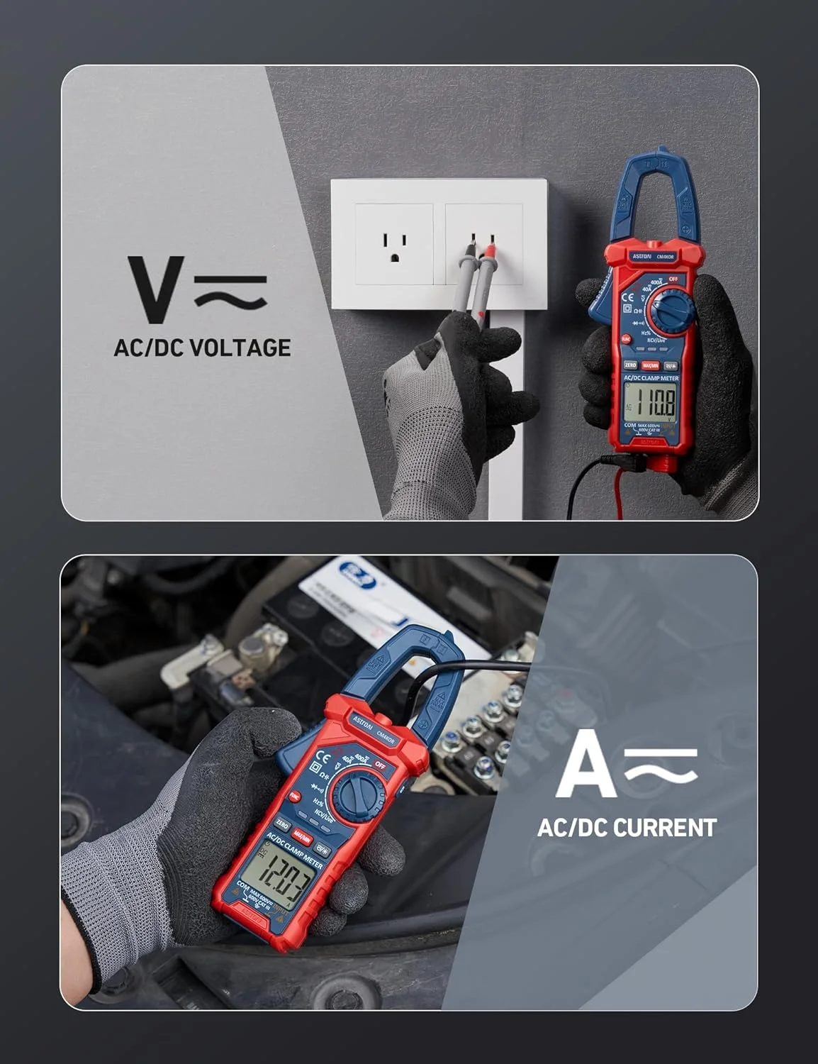 آمپرمتر کلمپی دیجیتال AstroAI مدل CM4K0R با قابلیت اندازه گیری 4000 رقم، تست آمپر با محدوده خودکار، اندازه گیری ولتاژ و جریان AC/DC، مقاومت، ظرفیت خازنی، فرکانس، تست پیوستگی، تست سیم برق دار، تشخیص NCV