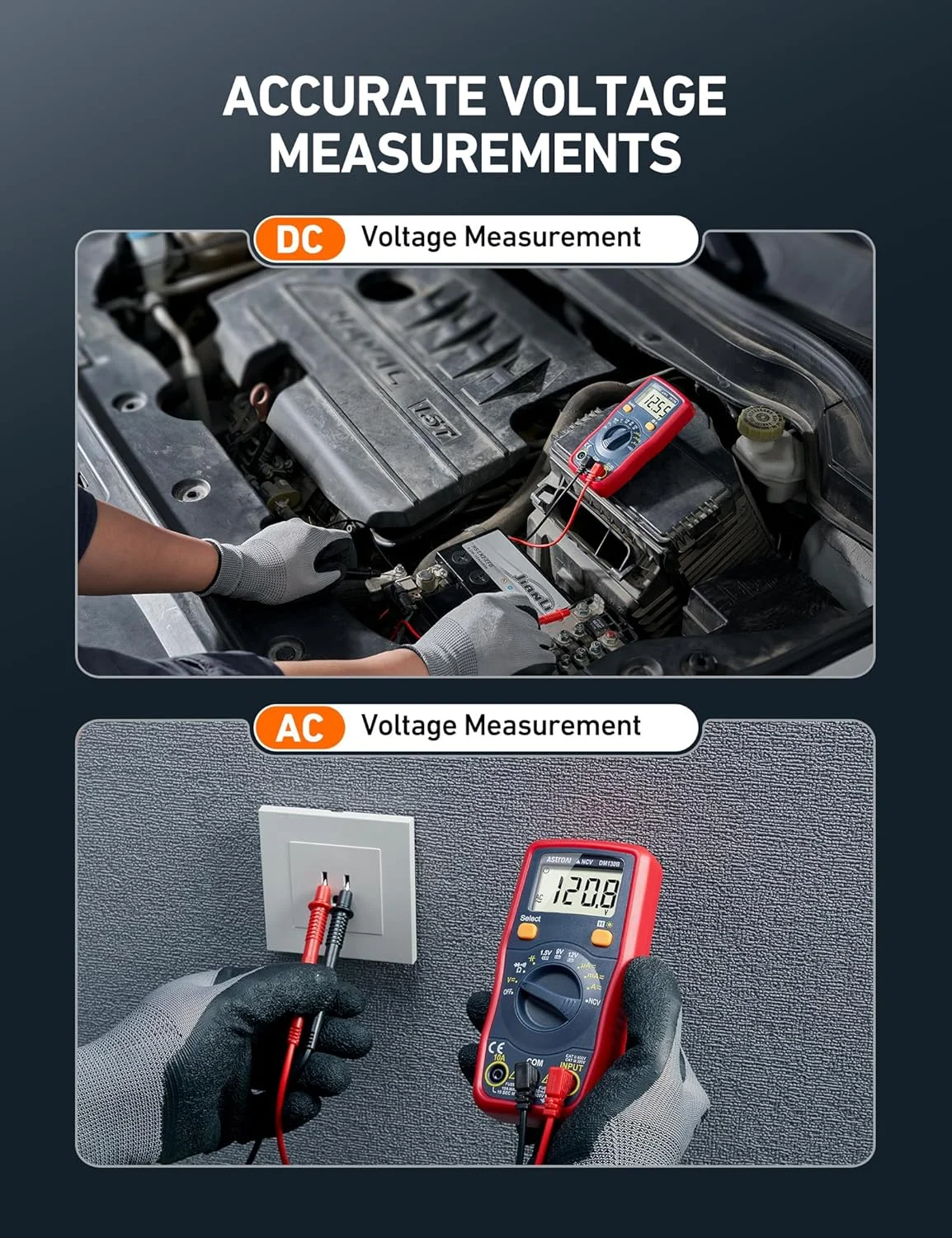 مولتی متر دیجیتال AstroAI، ولت متر تستر ولتاژ باتری 1.5v/9v/12v با قابلیت محدوده خودکار/اهم متر/DMM با عملکرد ولتاژ غیر تماسی، اندازه گیری دقیق ولتاژ جریان آمپر مقاومت خازن