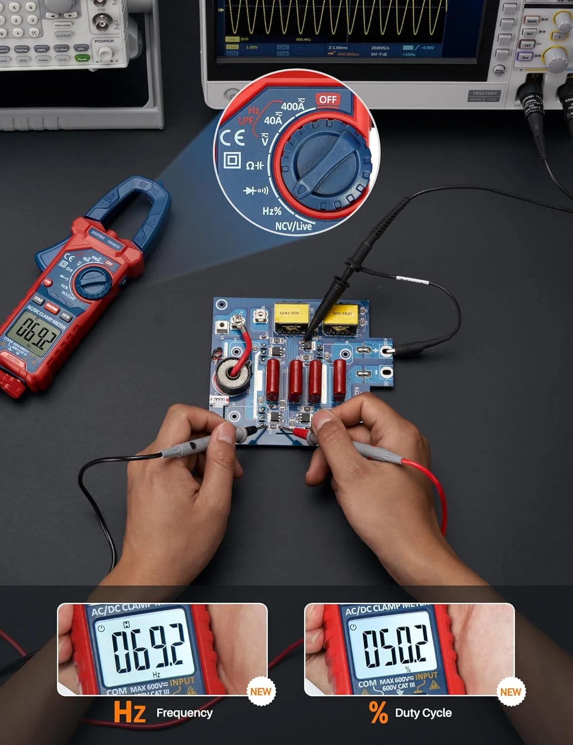 آمپرمتر کلمپی دیجیتال AstroAI مدل CM4K0R با قابلیت اندازه گیری 4000 رقم، تست آمپر با محدوده خودکار، اندازه گیری ولتاژ و جریان AC/DC، مقاومت، ظرفیت خازنی، فرکانس، تست پیوستگی، تست سیم برق دار، تشخیص NCV