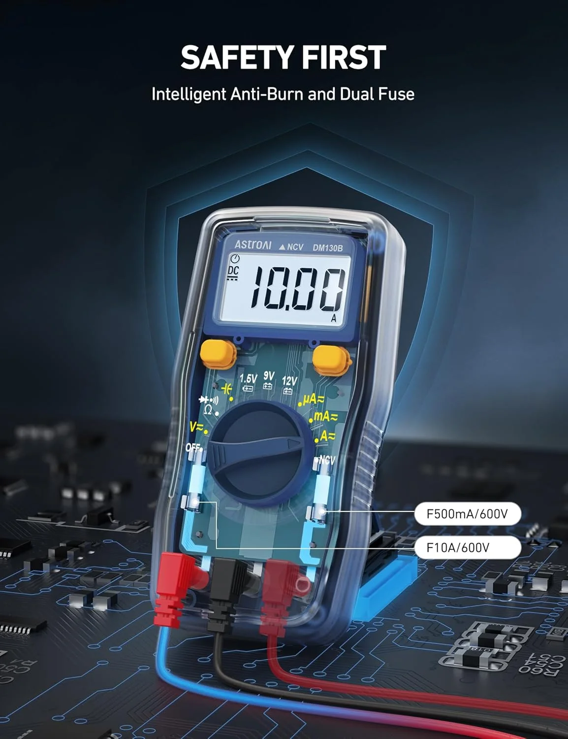 مولتی متر دیجیتال AstroAI، ولت متر تستر ولتاژ باتری 1.5v/9v/12v با قابلیت محدوده خودکار/اهم متر/DMM با عملکرد ولتاژ غیر تماسی، اندازه گیری دقیق ولتاژ جریان آمپر مقاومت خازن