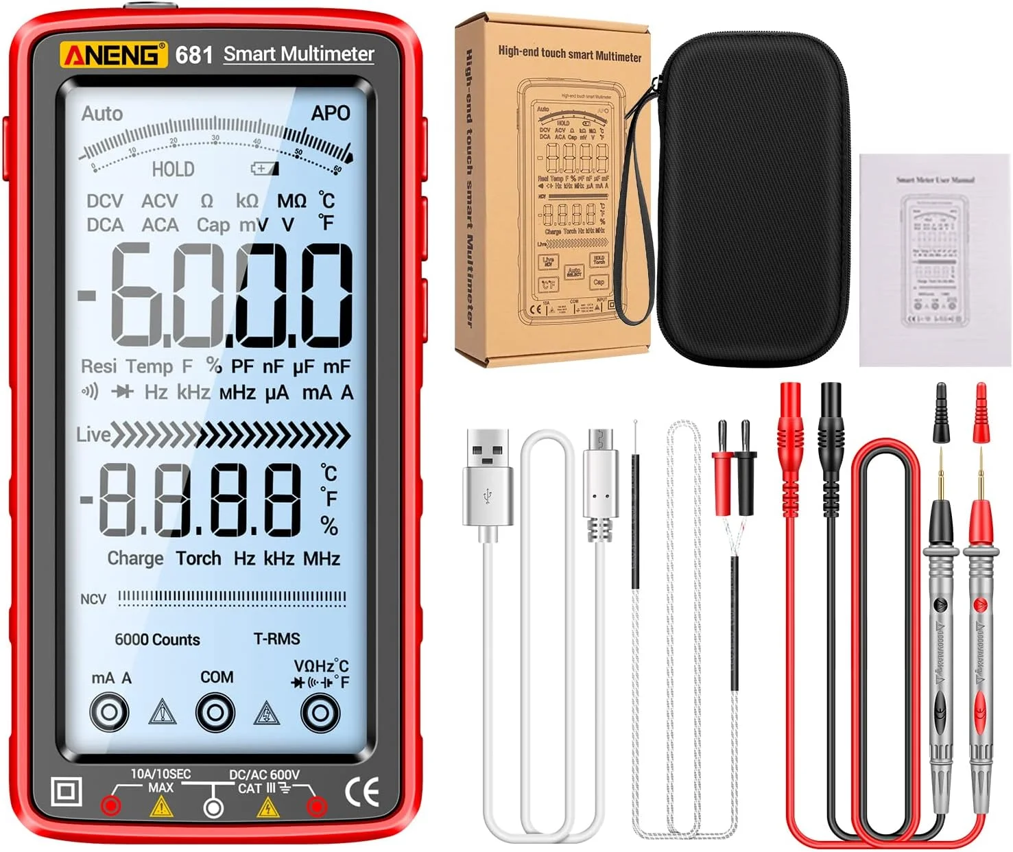 مولتی متر دیجیتال 6000 شمارنده Morelian 681، ضد سوختگی هوشمند، قابل شارژ، تستر جهانی NCV، LCD بزرگ 5 اینچی با نور پس زمینه و چراغ قوه برای ولتاژ، مقاومت، ظرفیت خازنی و دما