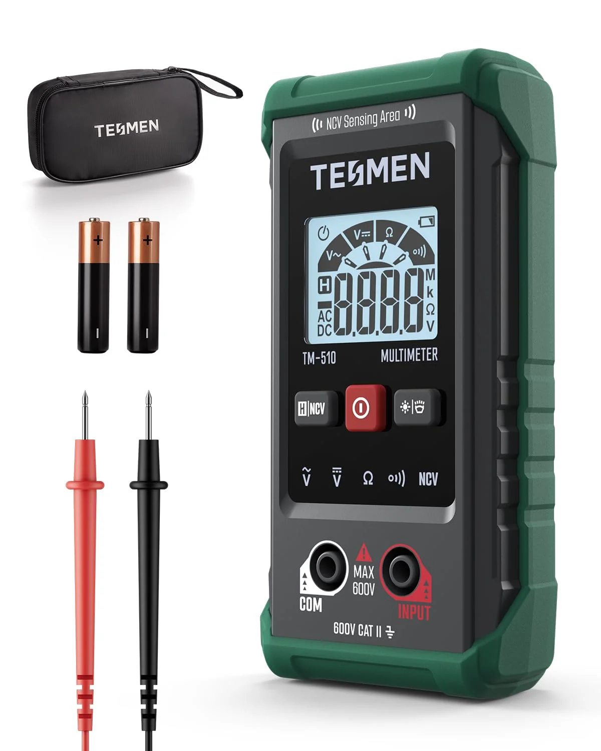 مولتی متر هوشمند TESMEN TM-510، 4000 رقم، اندازه گیری هوشمند، ولت متر خودکار، تستر ولتاژ با عملکرد ولتاژ غیر تماسی، اندازه گیری ولتاژ AC/DC، مقاومت، پیوستگی - سبز