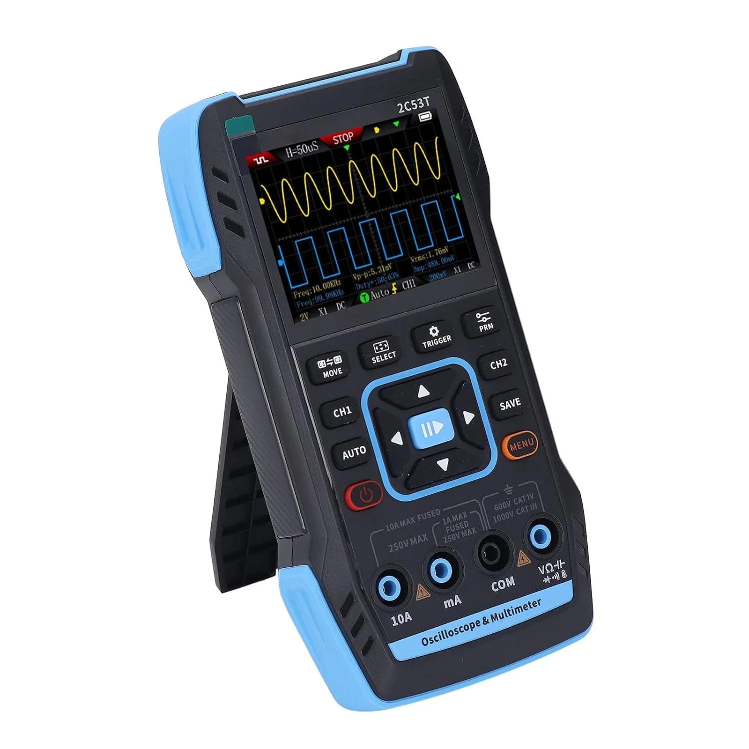 مولتی متر دیجیتال دستی ارتقا یافته 3 در 1، ژنراتور DDS، 2 کانال پهنای باند 50 مگاهرتز، نرخ نمونه برداری 250 مگاسمپل بر ثانیه، 19999 شمارش پراب 10X مدل 2C53T