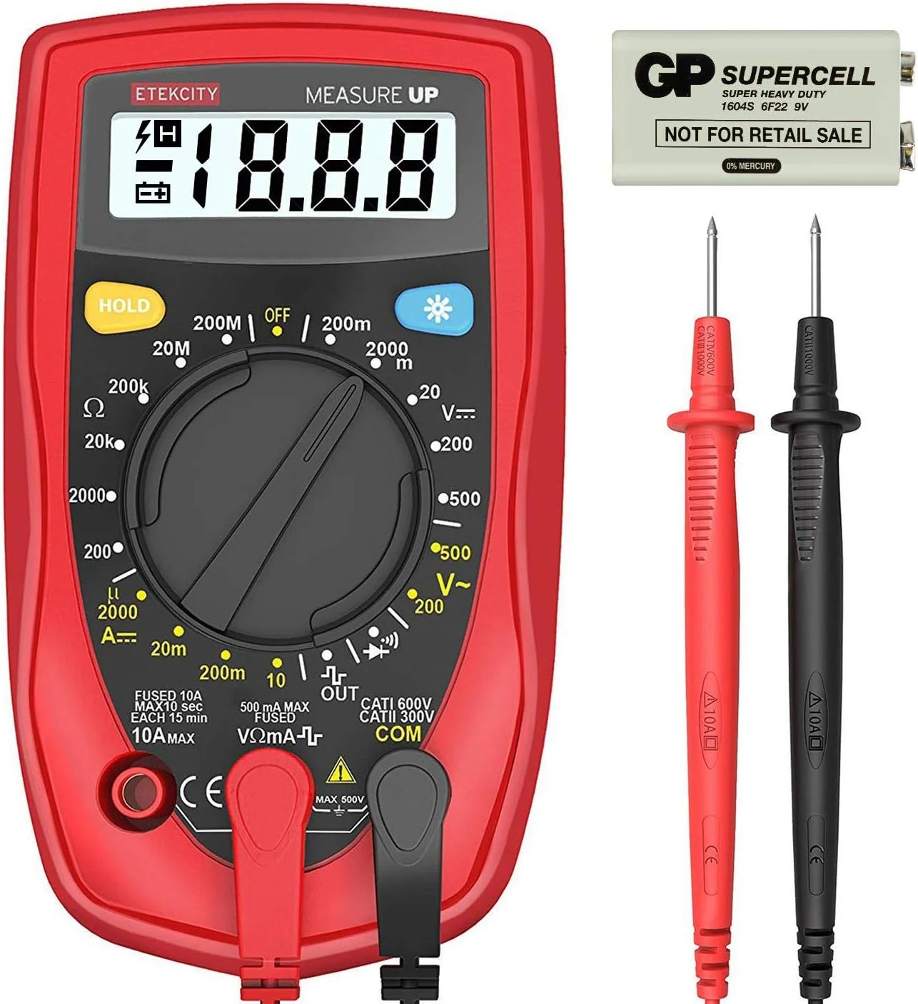 مولتی متر دیجیتال Etekcity Msr-R500، آمپرمتر ولت اهم با تست دیود و پیوستگی، دارای فیوز دوگانه برای محافظت در برابر سوختن، قرمز