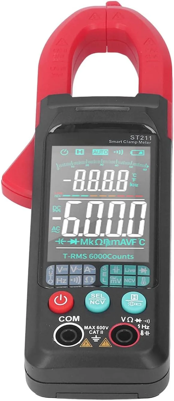 آمپرمتر چنگکی دیجیتال، مولتی متر 6000 شمارنده تستر جریان AC/DC و ولتاژ AC/DC با نور، صفحه نمایش رنگی با آمپر، ولت، اهم، فرکانس، ظرفیت خازنی و تست