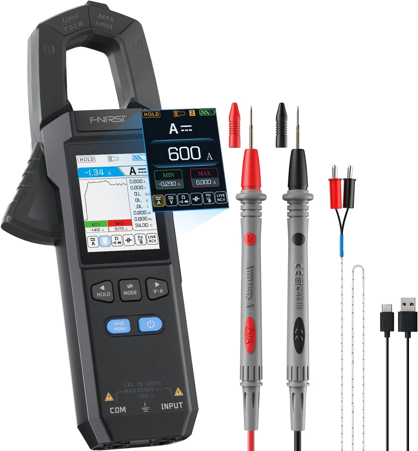 آمپرمتر دیجیتال کلمپی FNIRSI Dmc-100، 10000 رقم، تستر ولتاژ 600 آمپر با چراغ قوه، ولتاژ AC/DC، جریان AC/DC، ظرفیت خازنی، مقاومت، پیوستگی