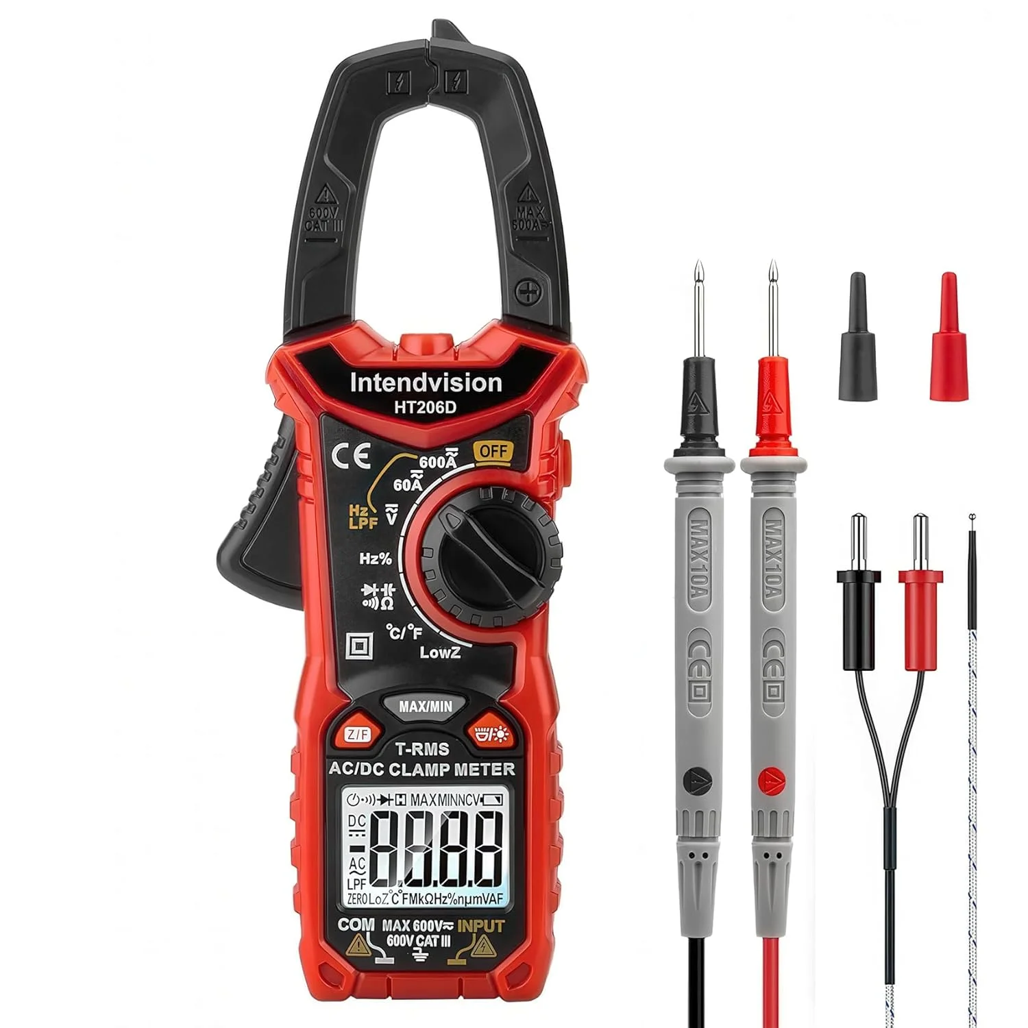 آمپرمتر چنگکی دیجیتال AC/DC اینتندویژن T-RMS 6000 شمارنده، مولتی متر تست ولتاژ با محدوده خودکار، NCV AC DC جریان ولتاژ مقاومت خازن فرکانس دیود تست دما HT206D