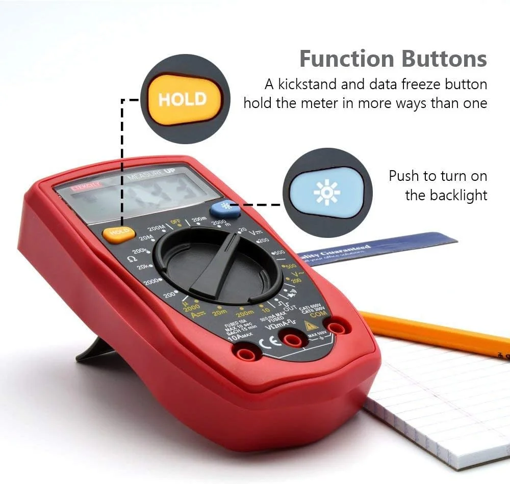مولتی متر دیجیتال Etekcity Msr-R500، آمپرمتر ولت اهم با تست دیود و پیوستگی، دارای فیوز دوگانه برای محافظت در برابر سوختن، قرمز