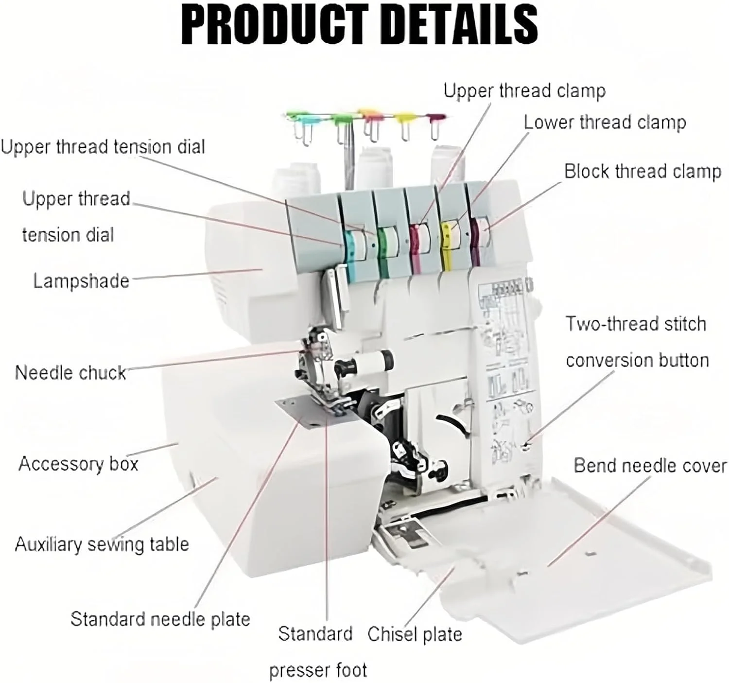 چرخ خیاطی سردوز سنگین، سردوز کاوراستیچ با قابلیت دوخت 2-3-4، چراغ LED، فاصله سوزن قابل تنظیم 1-4 میلی متر، قفسه سیم جمع شونده، برای مبتدیان و حرفه ای ها