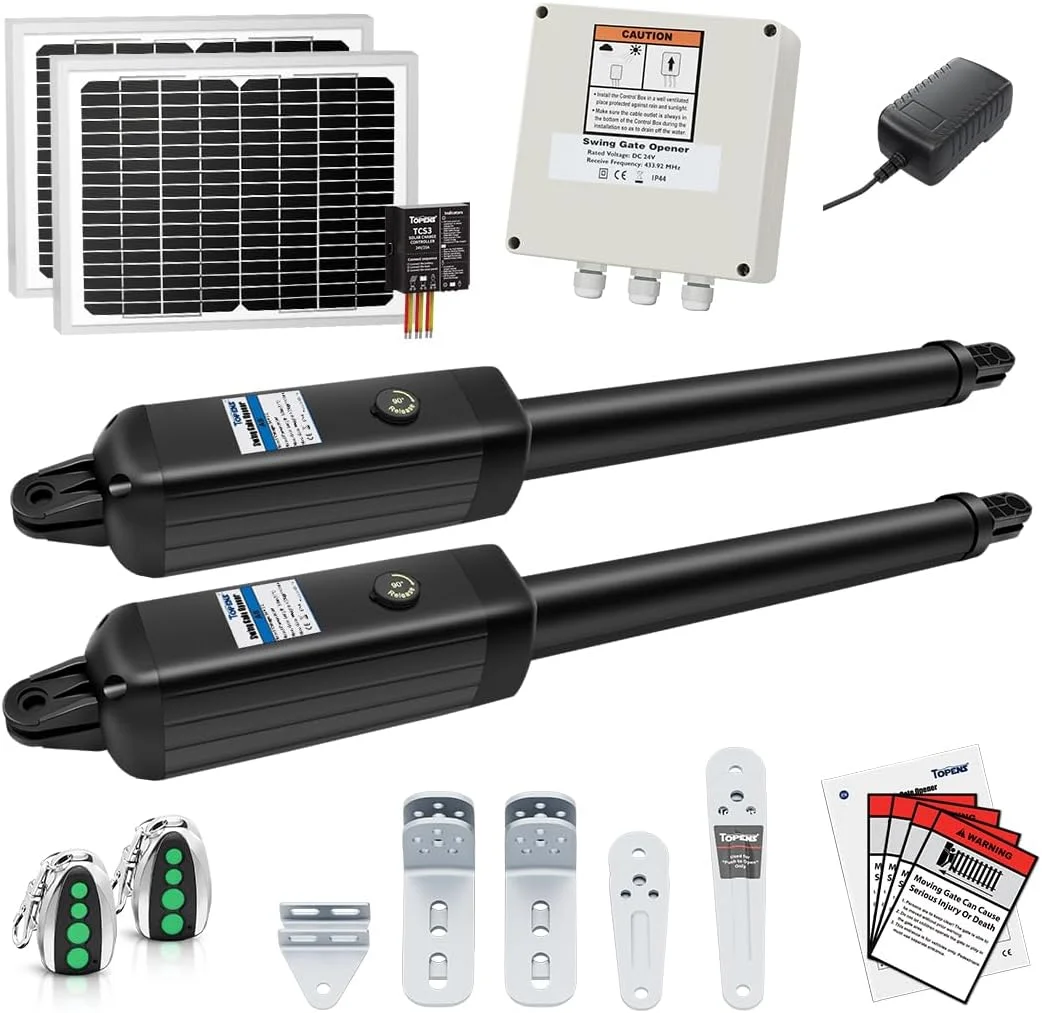 درب بازکن خورشیدی اتوماتیک TOPENS AD8S برای درب های دولنگه سنگین تا 5.5 متر در هر بازو، کیت کنترل از راه دور با باتری و موتور درب به همراه پنل خورشیدی
