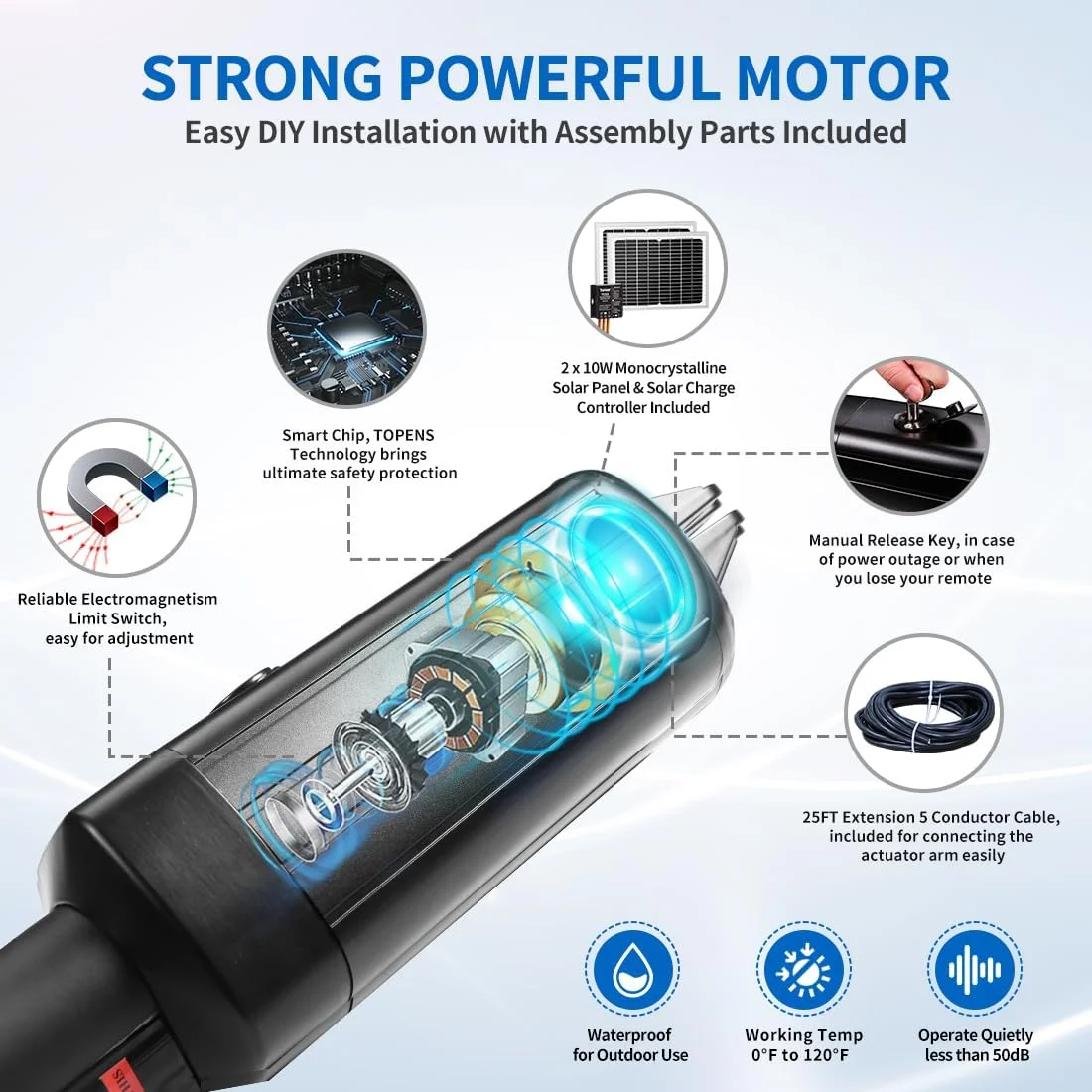 درب بازکن خورشیدی اتوماتیک TOPENS AD8S برای درب های دولنگه سنگین تا 5.5 متر در هر بازو، کیت کنترل از راه دور با باتری و موتور درب به همراه پنل خورشیدی درب بازکن خورشیدی اتوماتیک TOPENS AD8S برای درب های دولنگه سنگین تا 5.5 متر در هر بازو، کیت کنترل از راه دور با باتری و موتور درب به همراه پنل خورشیدی