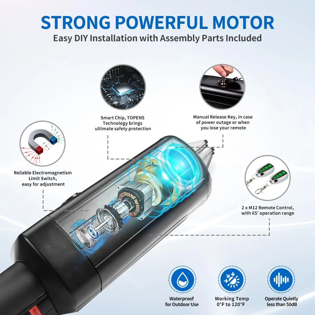 بازکننده درب اتوماتیک TOPENS A8 برای درب های تک لنگه سنگین تا 5.5 متر، اپراتور درب تک لنگه با قابلیت کارکرد با باتری به همراه کیت کنترل از راه دور و سازگار با انرژی خورشیدی بازکننده درب اتوماتیک TOPENS A8 برای درب های تک لنگه سنگین تا 5.5 متر، اپراتور درب تک لنگه با قابلیت کارکرد با باتری به همراه کیت کنترل از راه دور و سازگار با انرژی خورشیدی