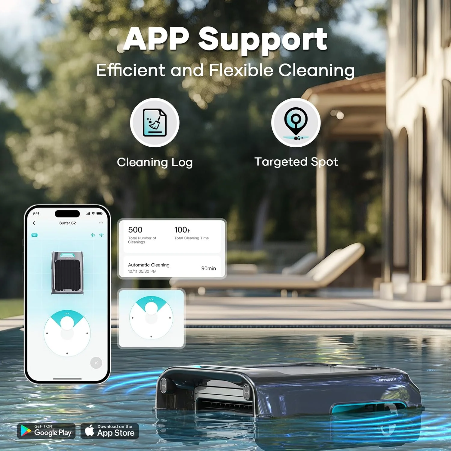 AIPER Surfer S2 Robotic Solar Pool Skimmer with APP Support, 24/7 Cleaning, Dual Charging Modes, Smart Obstacle Avoidance, Ideal for All Swimming Pool Types