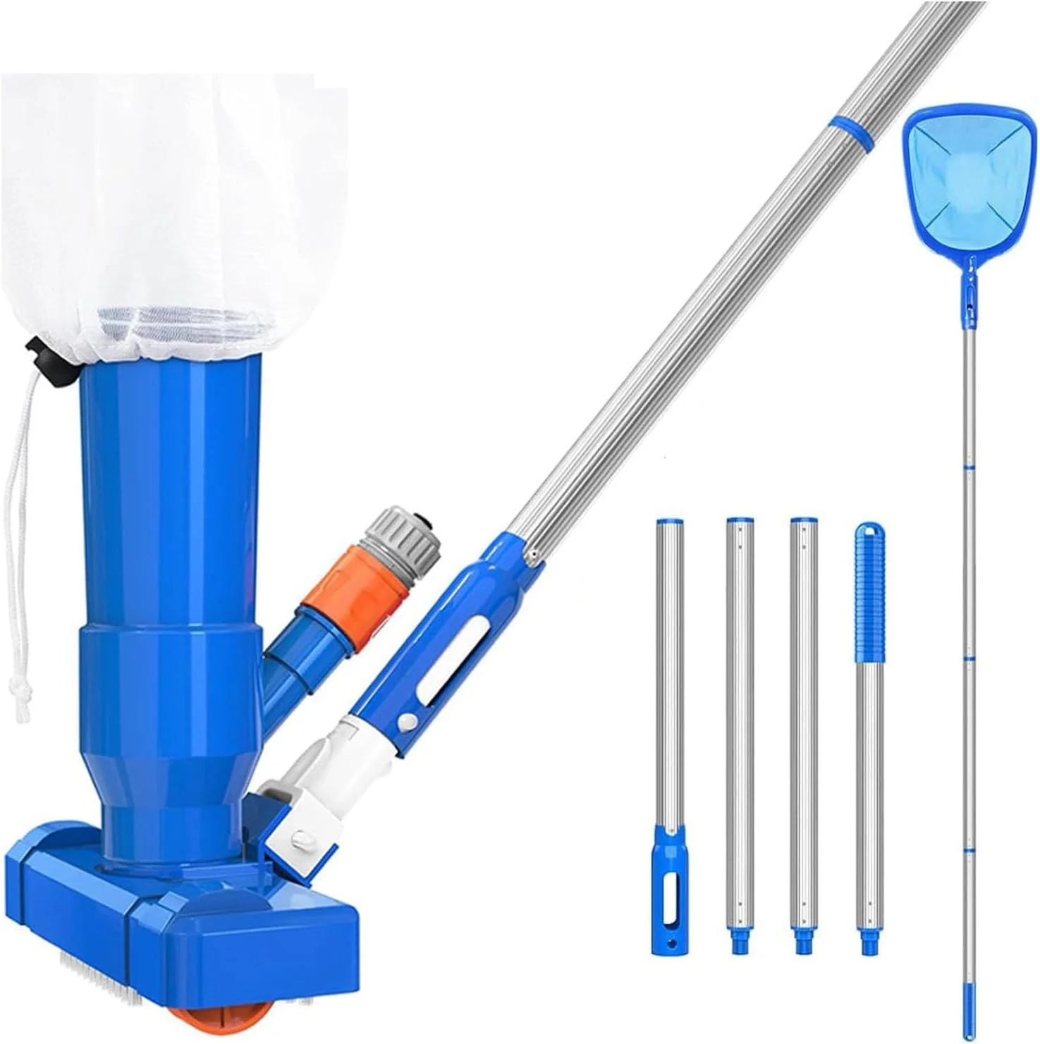 جاروهای استخری دستی با برس و تور، مجموعه تور و جاروی استخری ارتقا یافته با 4 قطعه میله 63 اینچی، کیت تمیز کننده استخر، جاروبرقی استخر رو زمینی