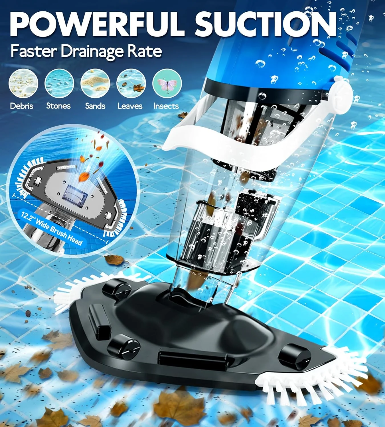 جاروبرقی استخری بی سیم KlrSwp برای استخرهای روکار، جاروبرقی دستی استخر با شارژ مغناطیسی، جاروبرقی ضد جریان برگشتی برای جکوزی با میله تلسکوپی | مکش 18.5GPM، زمان کارکرد 80 دقیقه