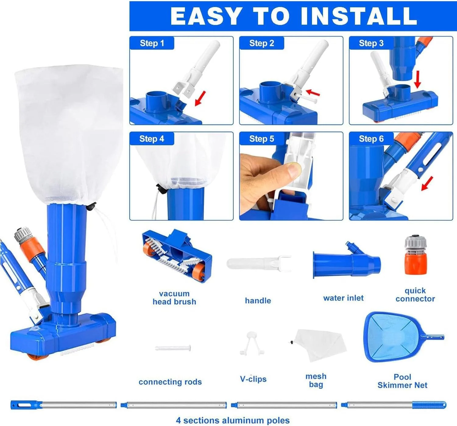 جاروهای استخری دستی با برس و تور، مجموعه تور و جاروی استخری ارتقا یافته با 4 قطعه میله 63 اینچی، کیت تمیز کننده استخر، جاروبرقی استخر رو زمینی