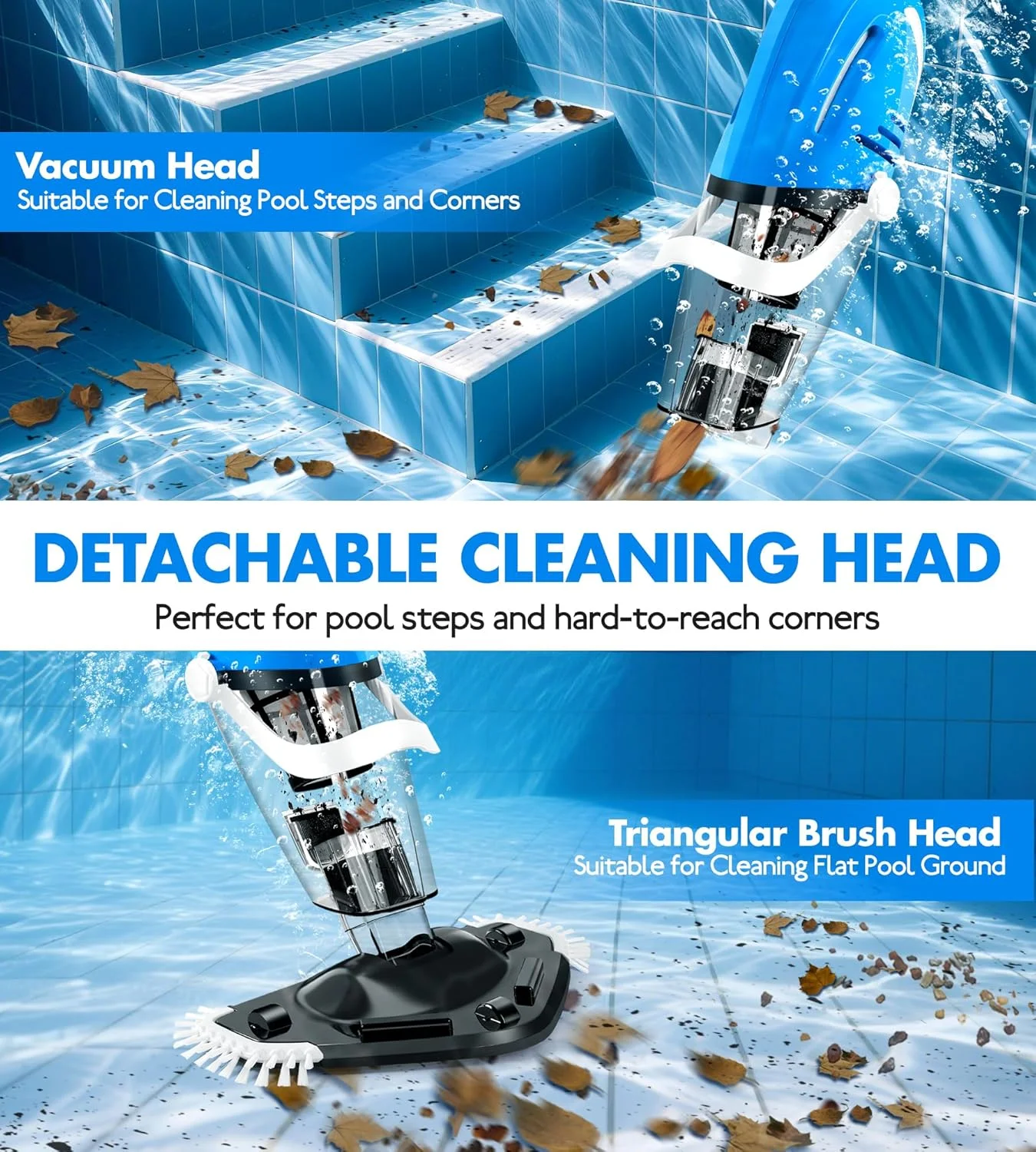 جاروبرقی استخری بی سیم KlrSwp برای استخرهای روکار، جاروبرقی دستی استخر با شارژ مغناطیسی، جاروبرقی ضد جریان برگشتی برای جکوزی با میله تلسکوپی | مکش 18.5GPM، زمان کارکرد 80 دقیقه