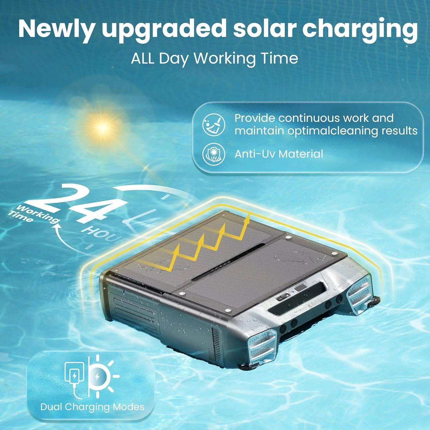 اسکیمر استخری خورشیدی ارتقا یافته، تمیز کننده سطح استخر رباتیک با کنترل از راه دور - 24 ساعت تمیز کردن مداوم، اجتناب هوشمندانه از موانع، گزینه های شارژ دوگانه 08